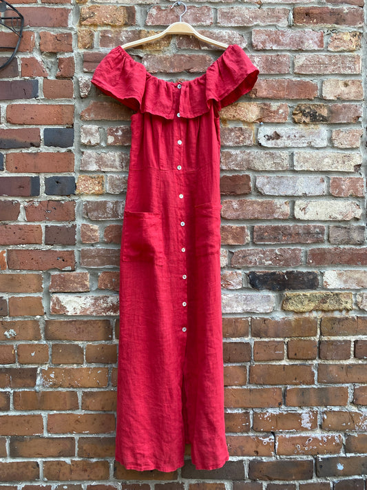 martina innocenti 100% linen off shoulder midi dress