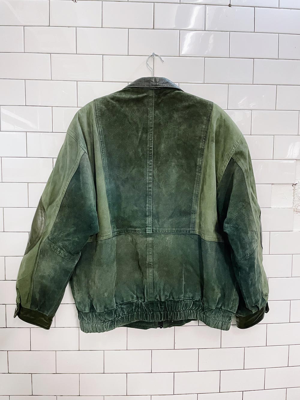 vintage leather house green patchwork leather bomber jacket