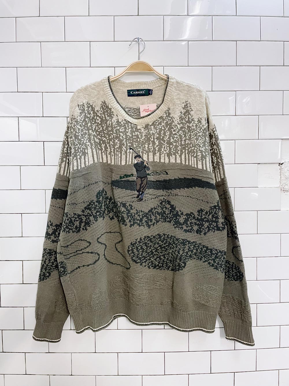 vintage carmel embroidered golfer knit dad sweater
