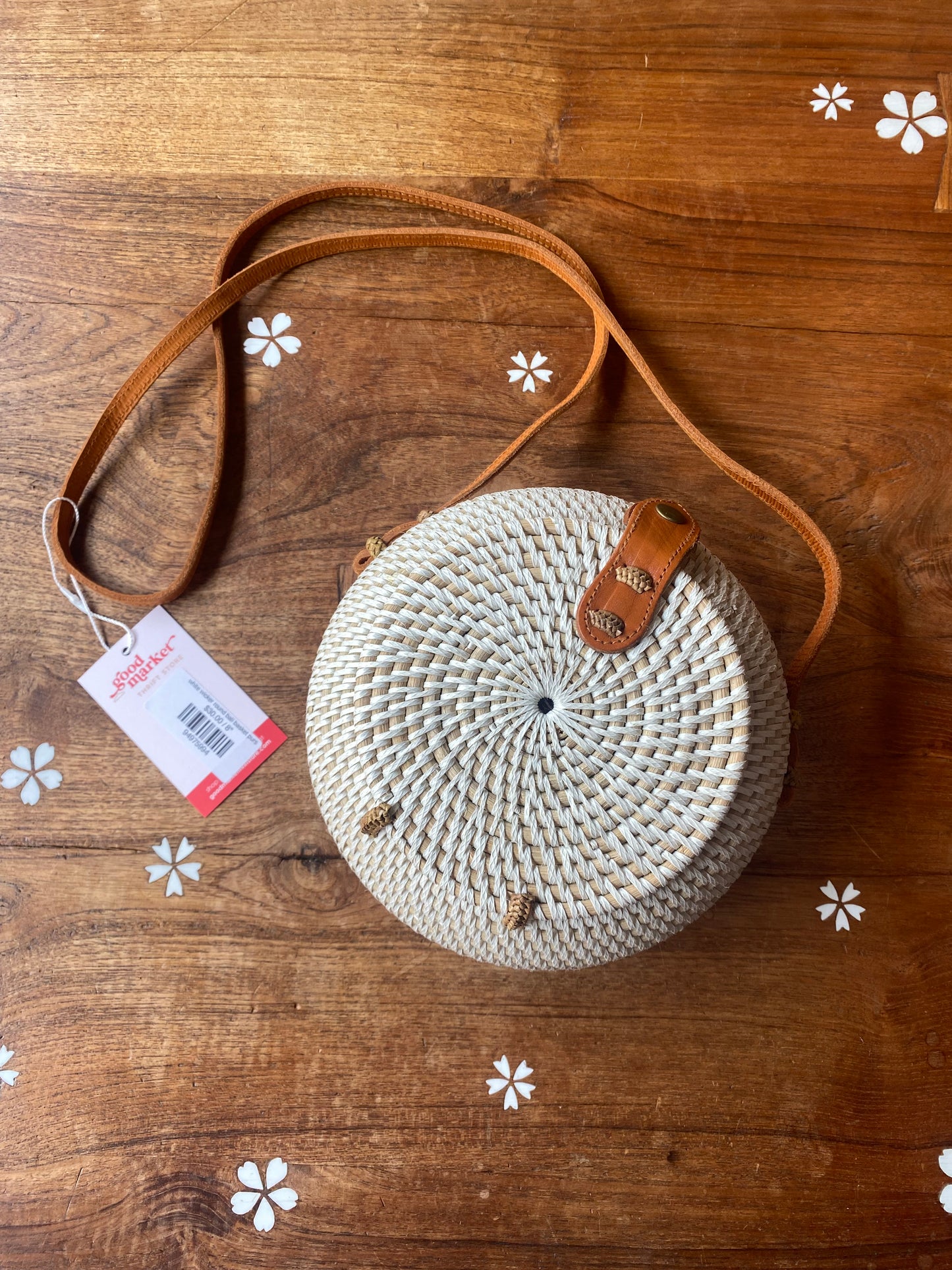 white wicker round bali basket purse