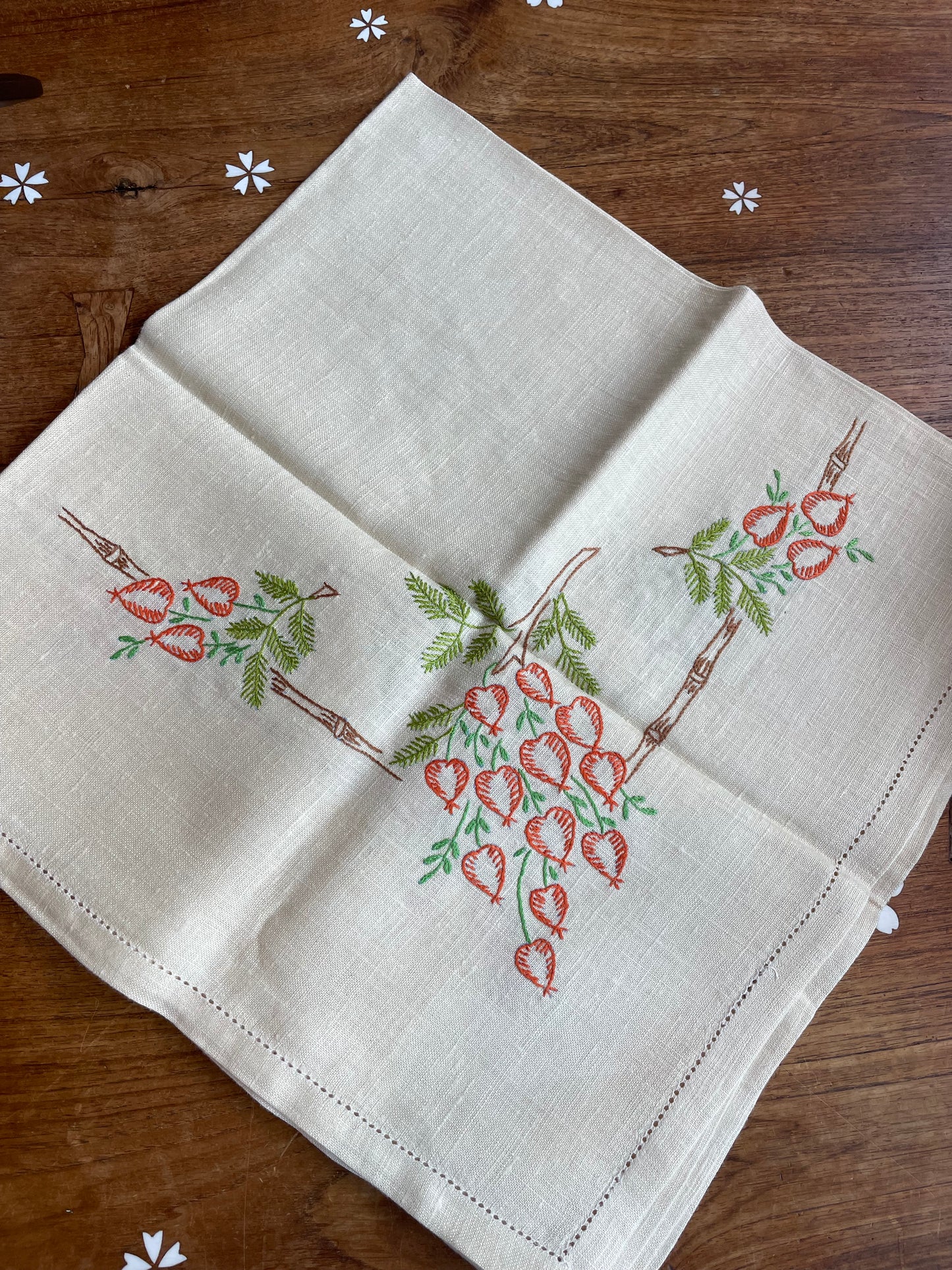 vintage 100% linen hand-embroidered chinese lantern table cloth