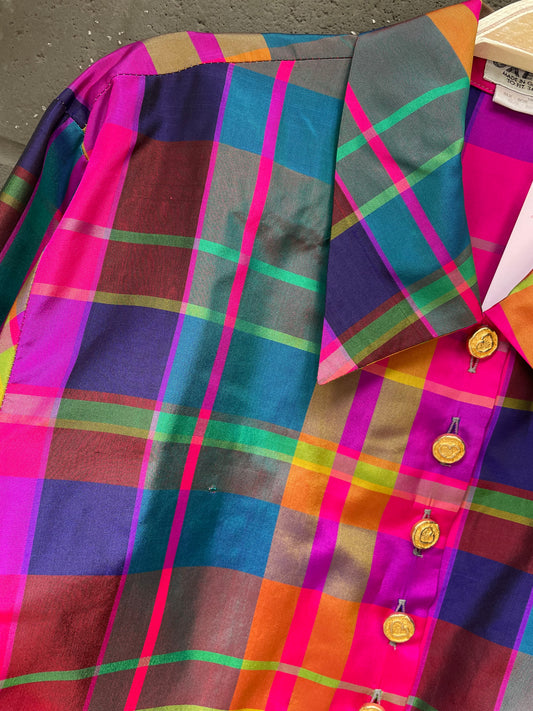 vintage jaeger 100% silk fuschia tartan french cuff blouse