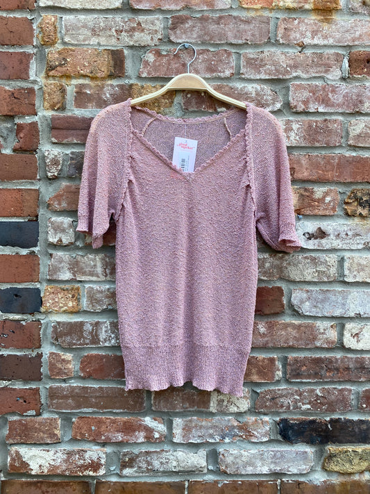 vintage pink knit ruffle trim tee