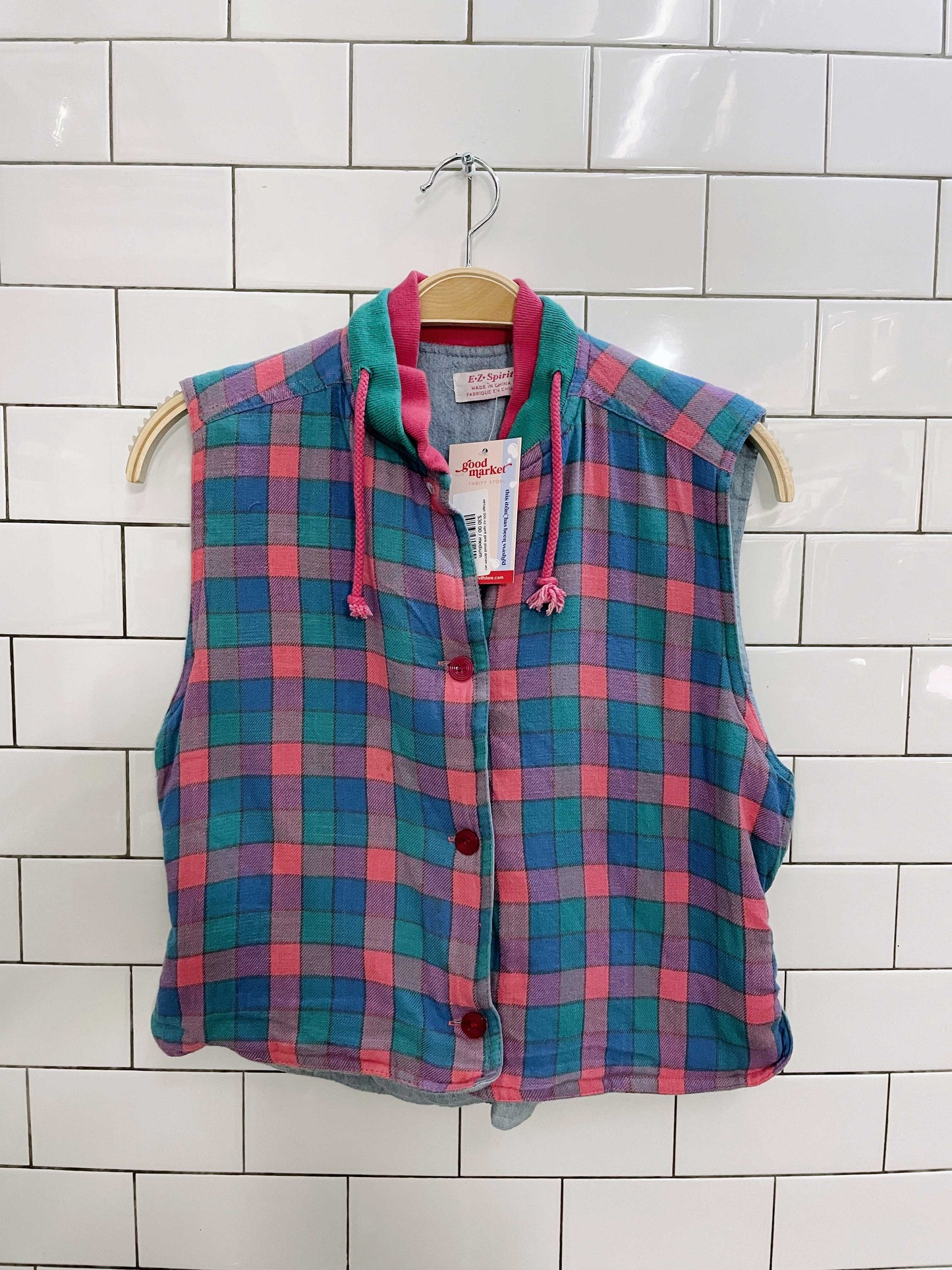 vintage 90s ez spirit pink plaid denim vest - size medium