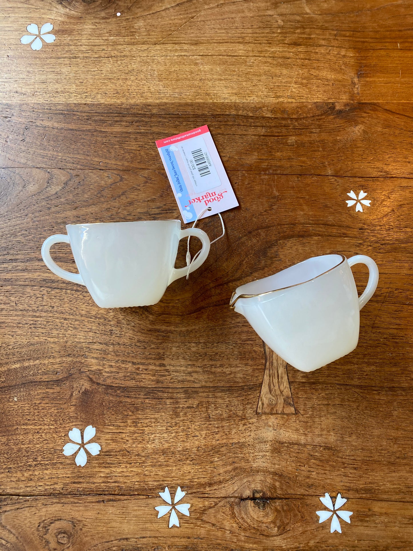 vintage milk glass gold rim sugar + creamer set