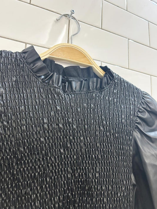 zara faux leather smocked puff sleeve top - good market thrift store