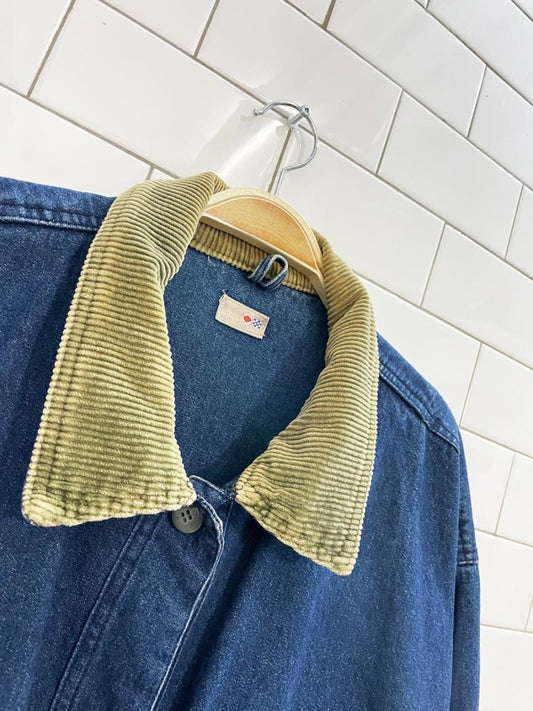 vintage 90s french navy corduroy collar denim chore coat - good market thrift store