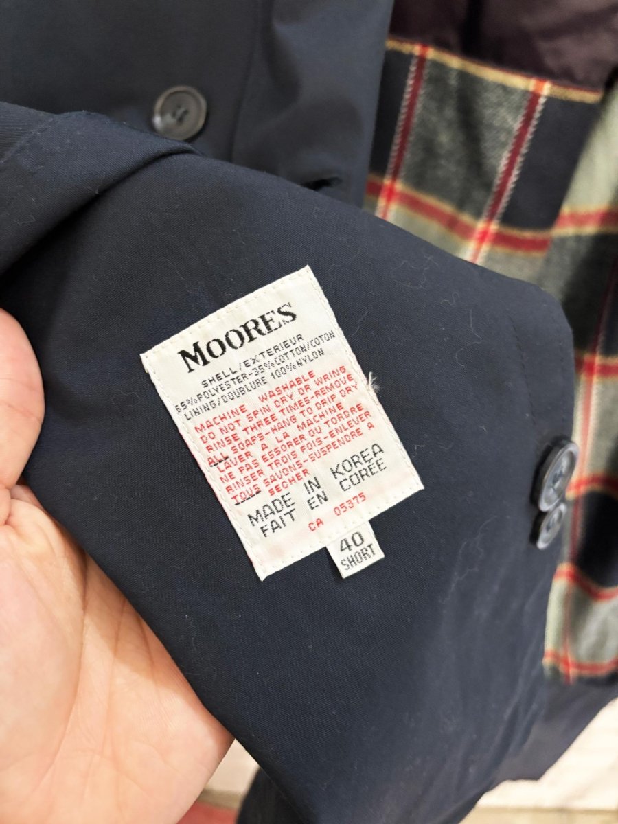 vintage 80s moores tartan - lined double breasted trench coat - good market thrift store
