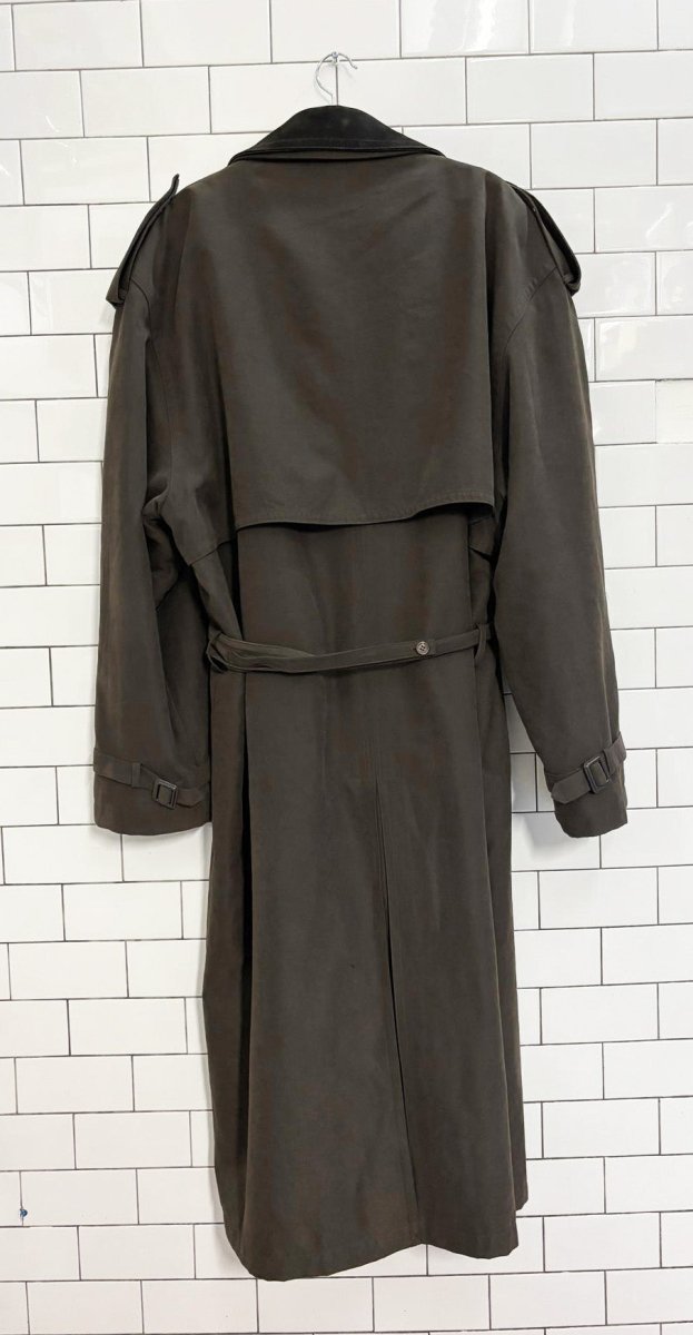 vintage 90s progress 1878 leather collar soft touch trench coat | wool - blend liner - good market thrift store