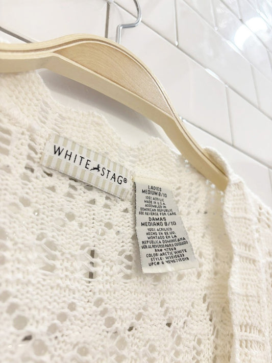 vintage 00s white stag crochet knit tie front cardigan | made in usa - good market thrift store