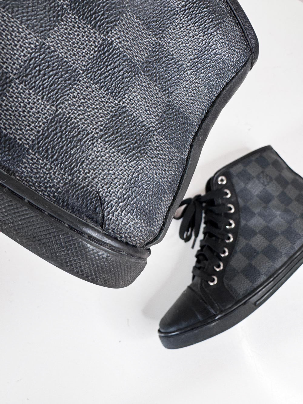 vintage 00s louis vuitton damier graphite canvas + leather high top sneakers