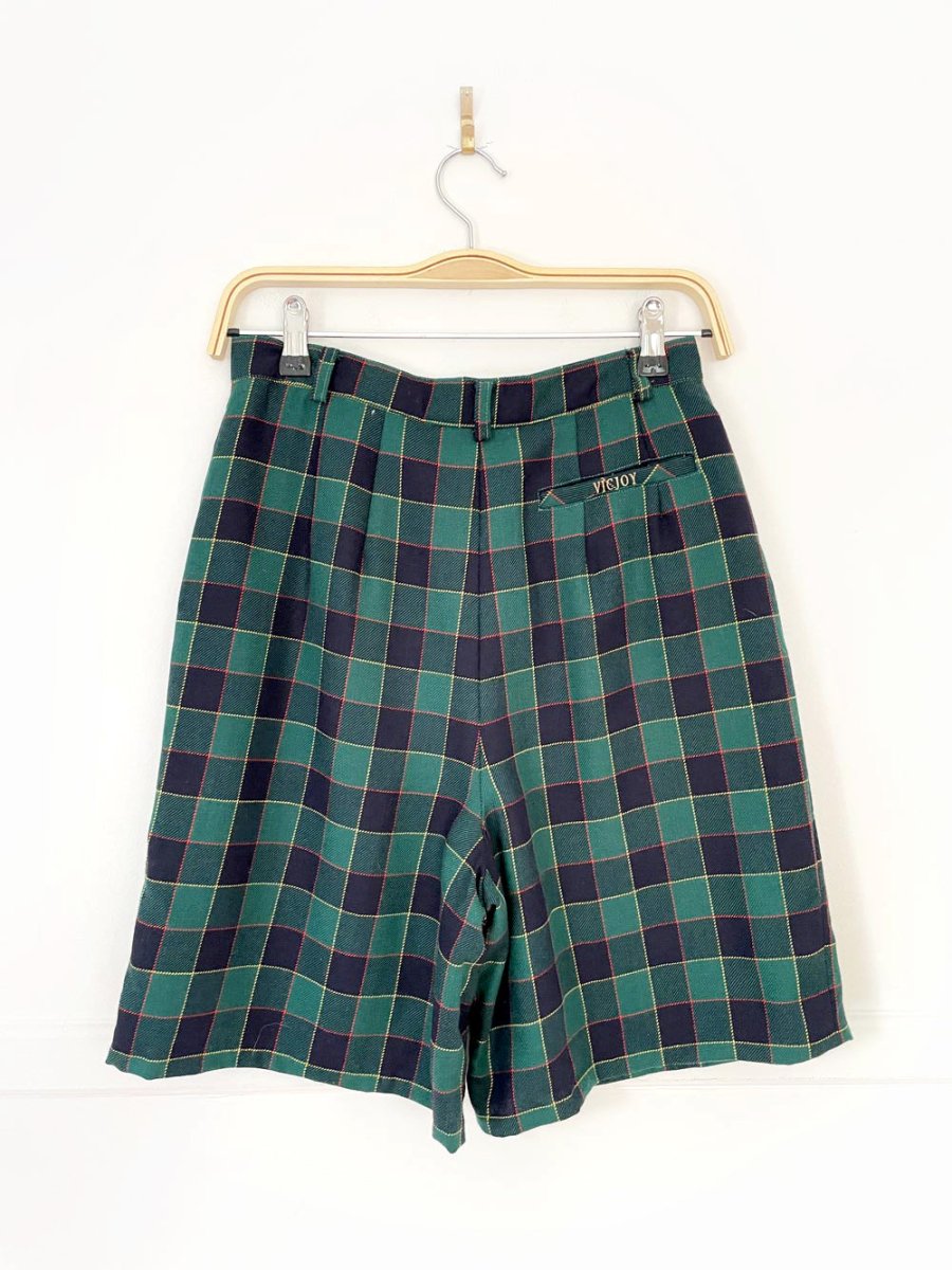 vintage vicjoy gold 100% wool plaid pleated long shorts - good market thrift store