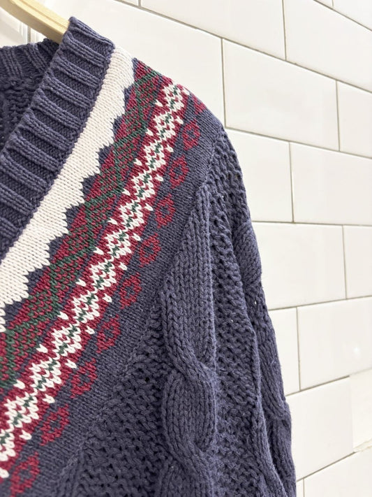 vintage 90s cristina ramie - cotton cable knit v neck sweater | tennis prep - good market thrift store