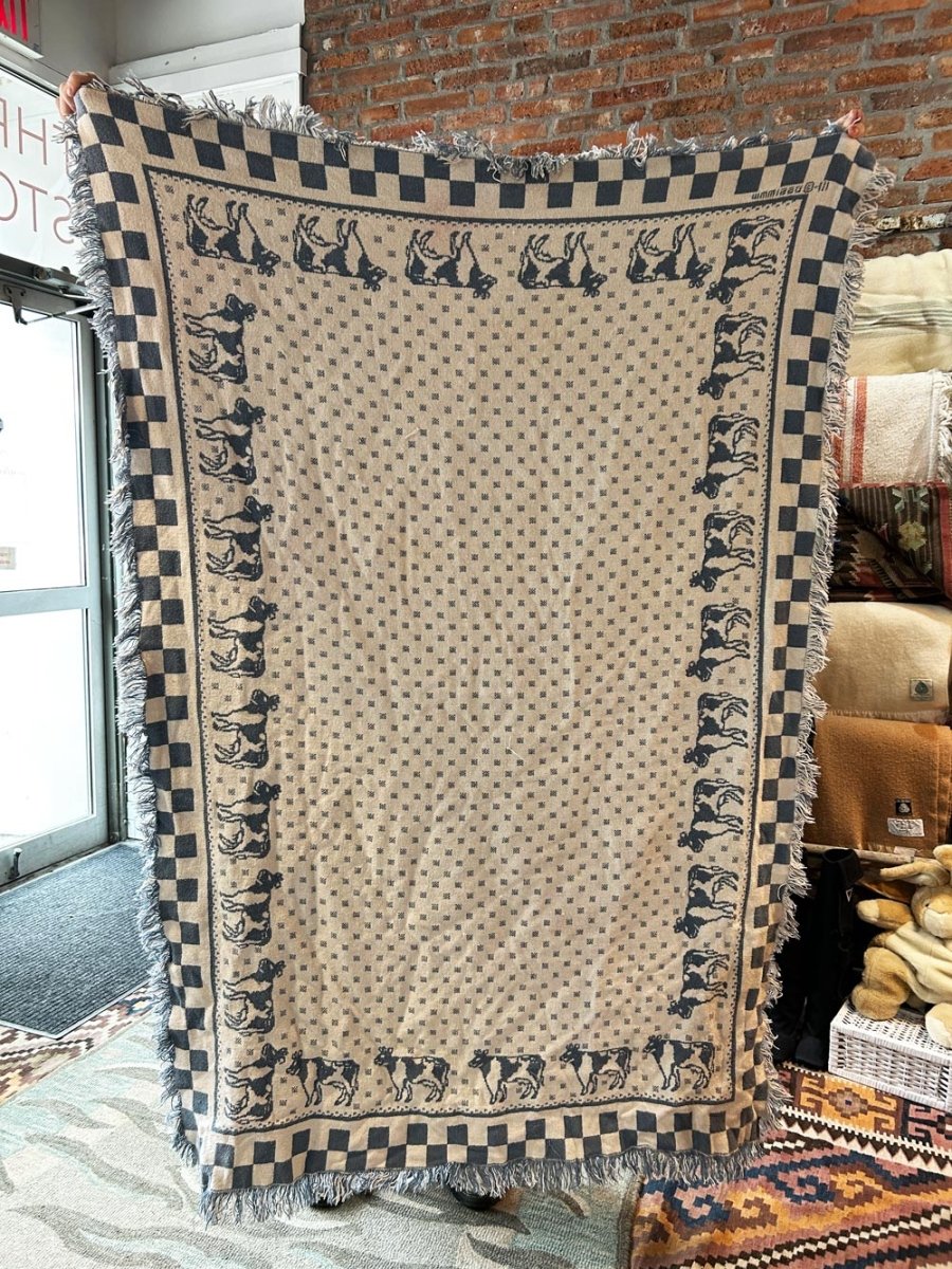 vintage 90s checkered country cow woven throw blanket - good market thrift store