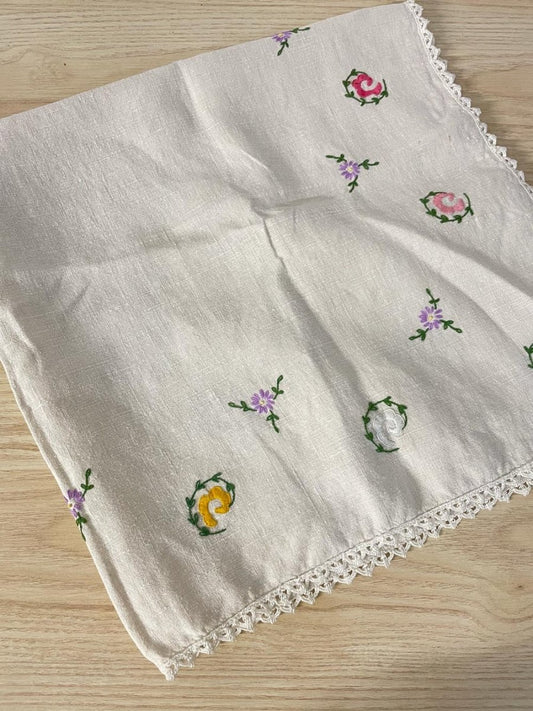 vintage hand - embroidered linen table cloth - good market thrift store