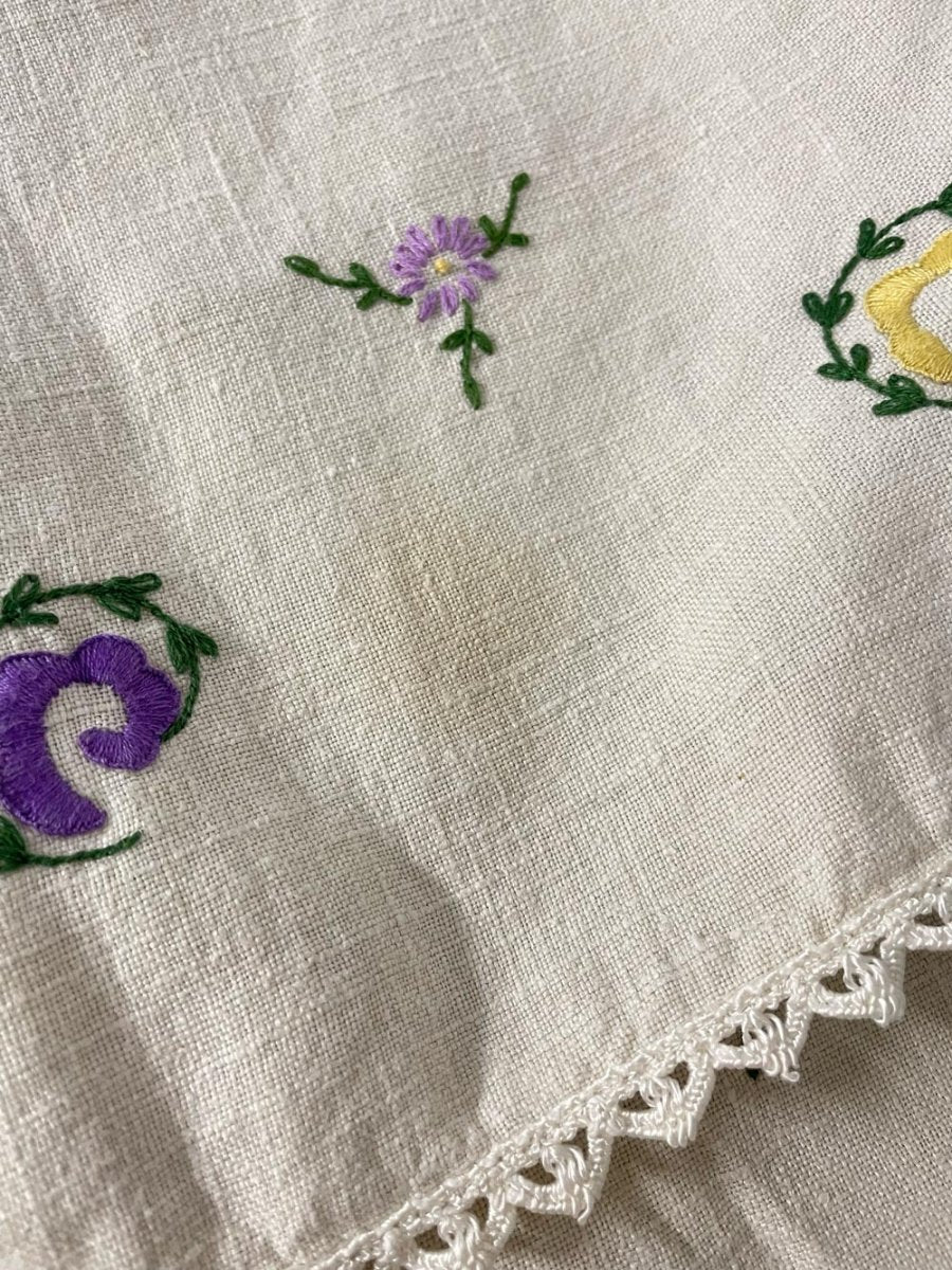 vintage hand - embroidered linen table cloth - good market thrift store