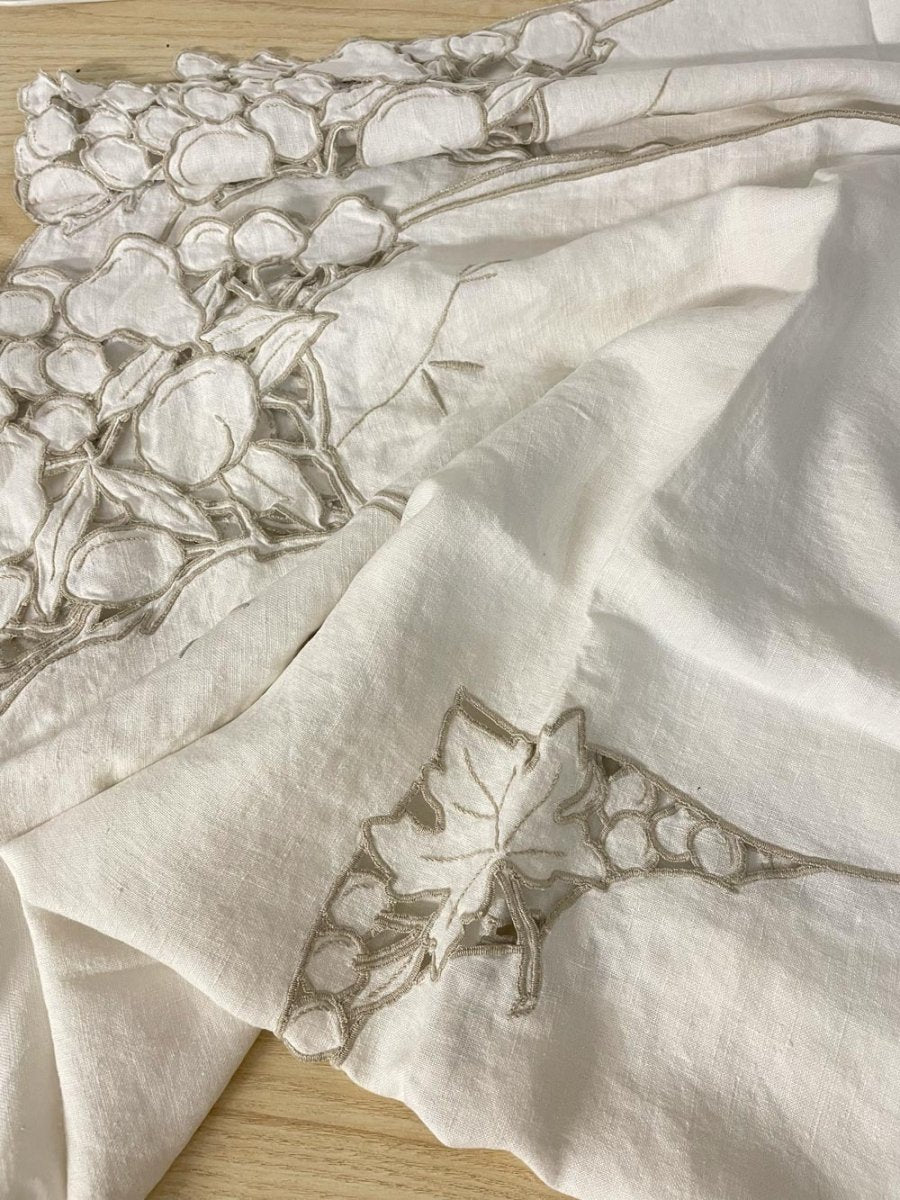 vintage embroidered cut out linen table cloth - good market thrift store