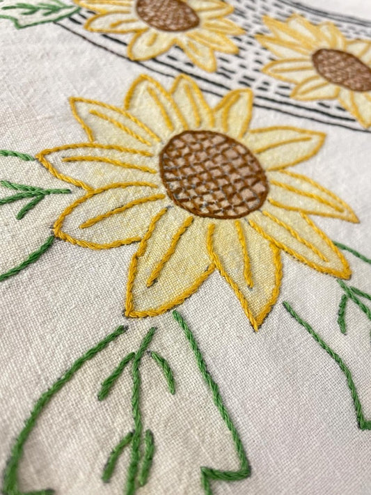vintage hand - embroidered sunflower table cloth - good market thrift store