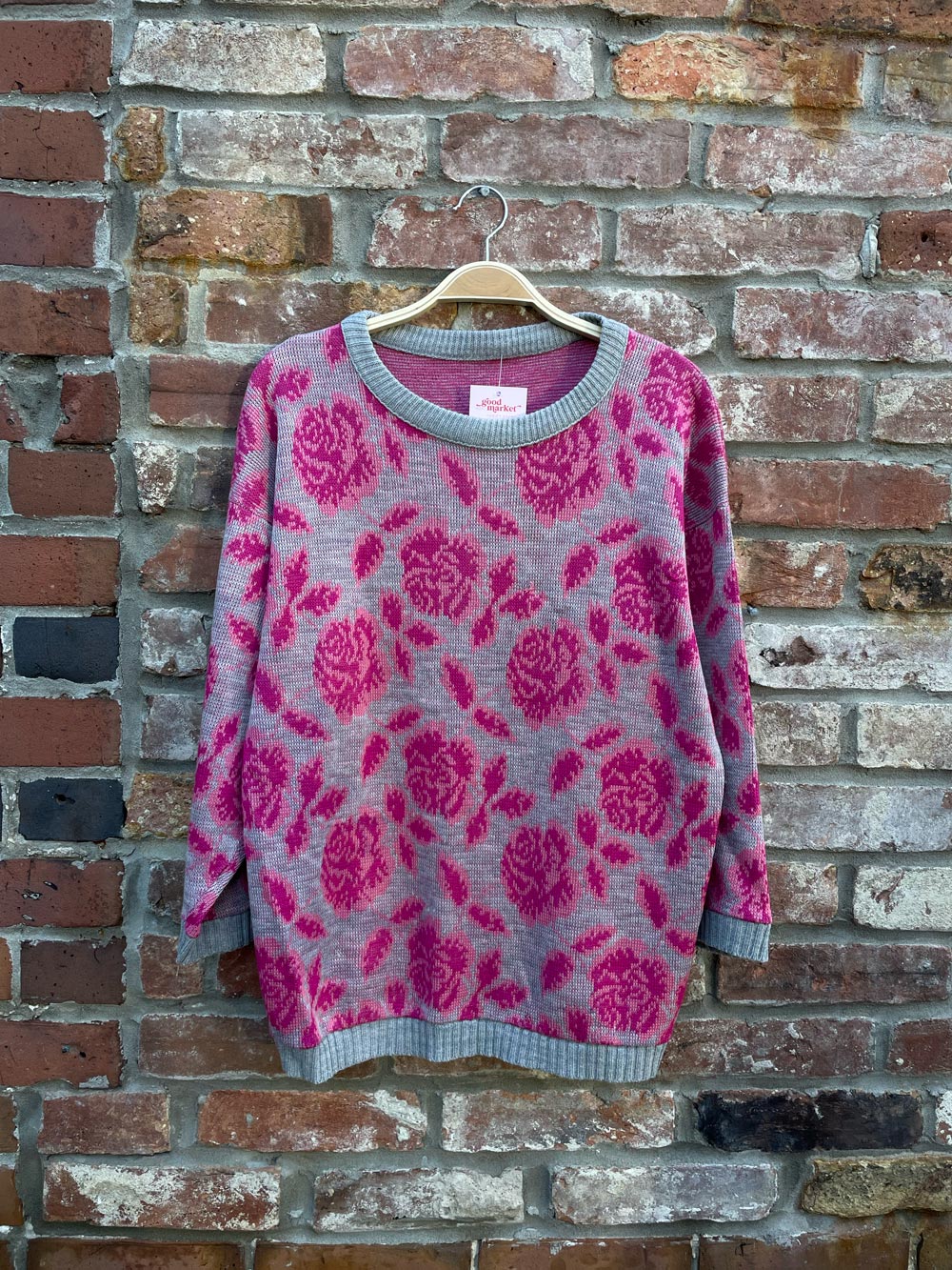 vintage pink rose knit crew