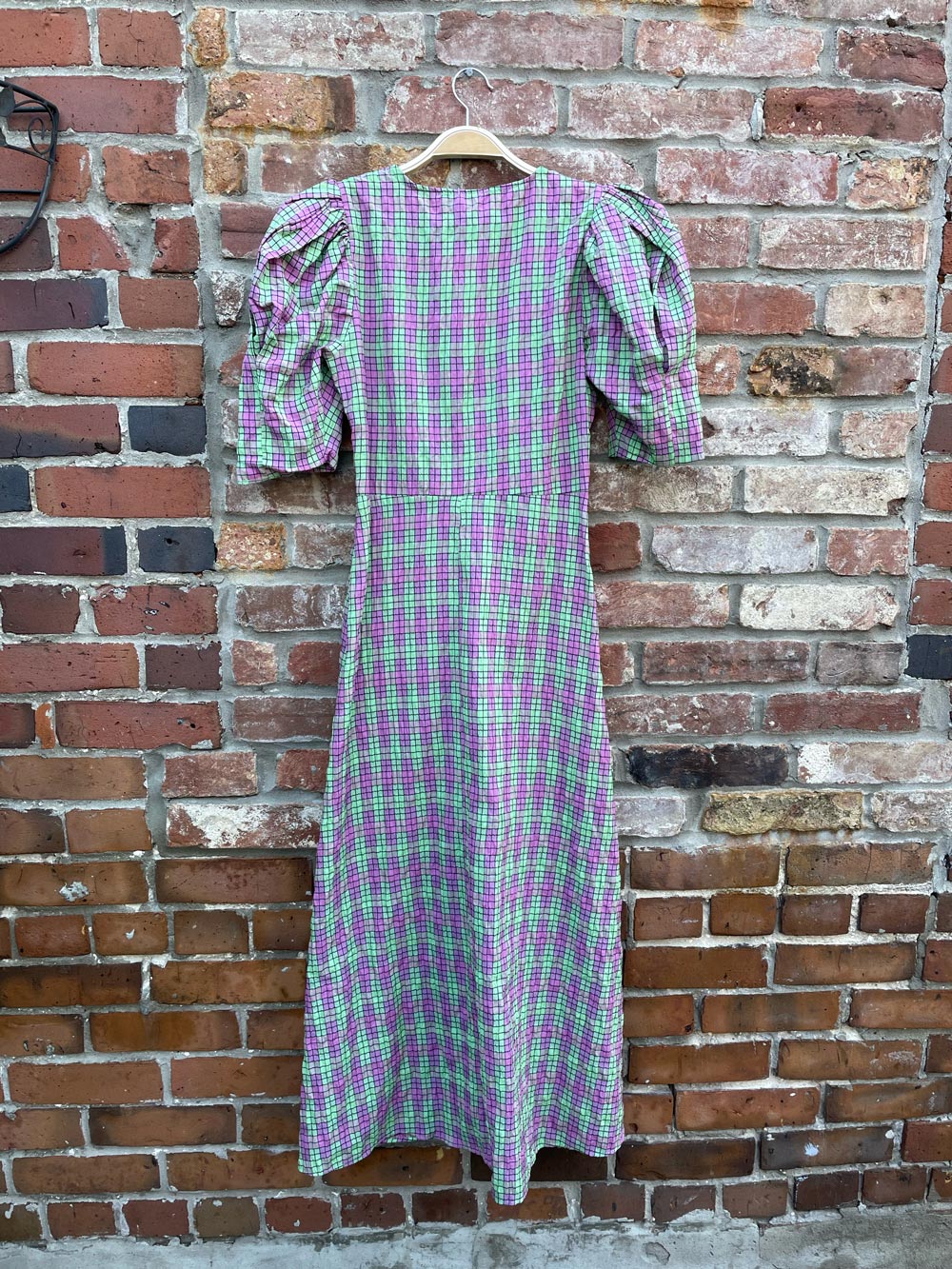 zara plaid print puff sleeve midi dress