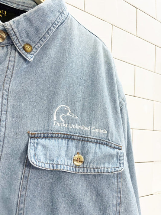 vintage 90s amanati fleece - lined denim shirt jacket - good market thrift store