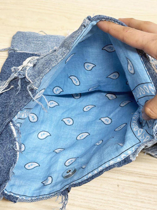 hand made distressed denim patch work shoulder bag | bandana lining