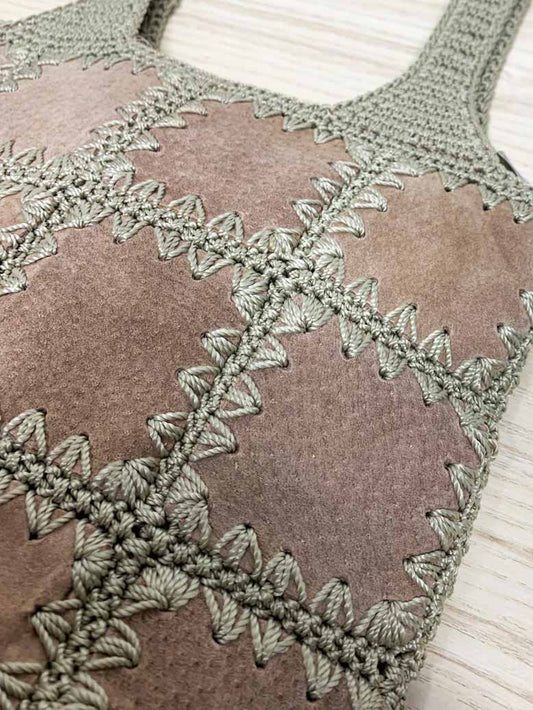 vintage 00s crochet knit leather patchwork boho shoulder bag