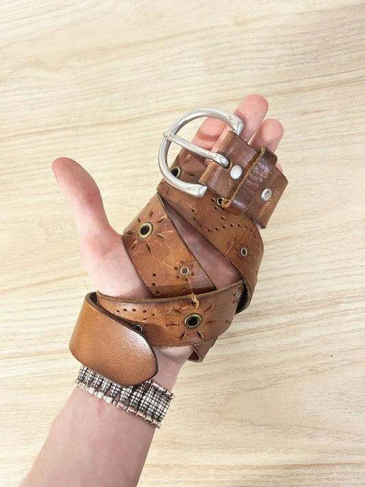 vintage boho laser cut leather belt - good market thrift store