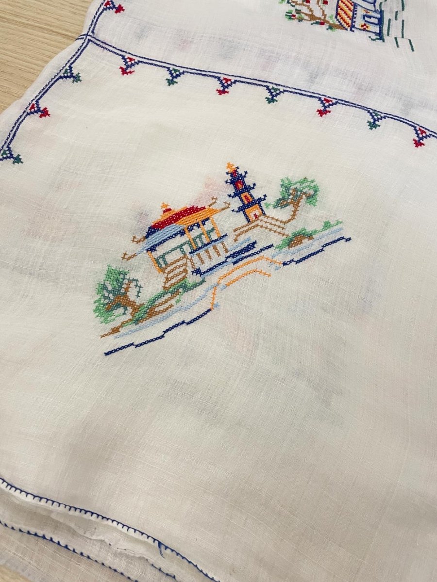 hand embroidered historic china woven table cloth - good market thrift store