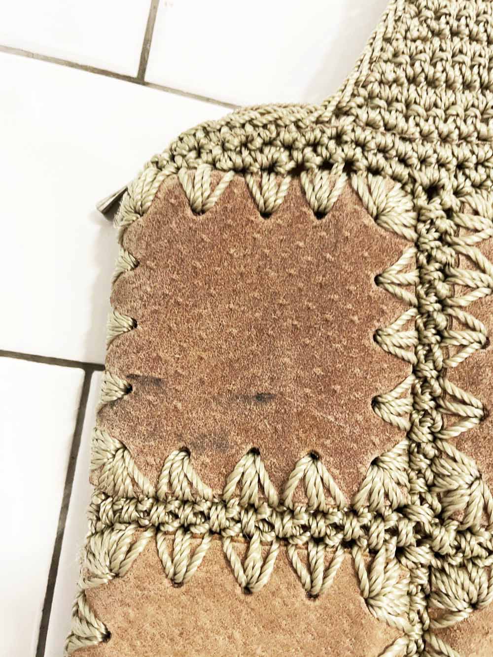 vintage 00s crochet knit leather patchwork boho shoulder bag