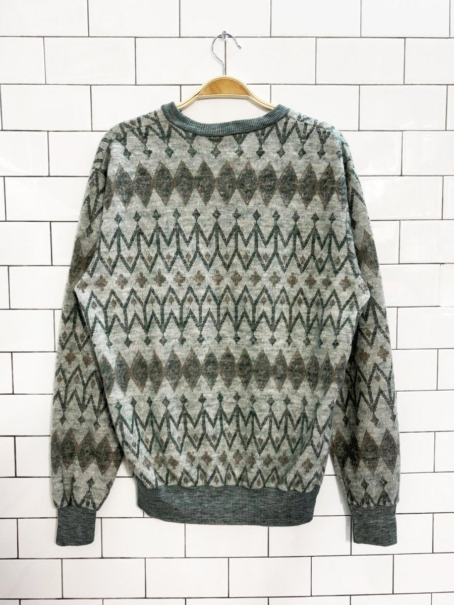 vintage 80s marvello patterned knit v neck sweater - good market thrift store