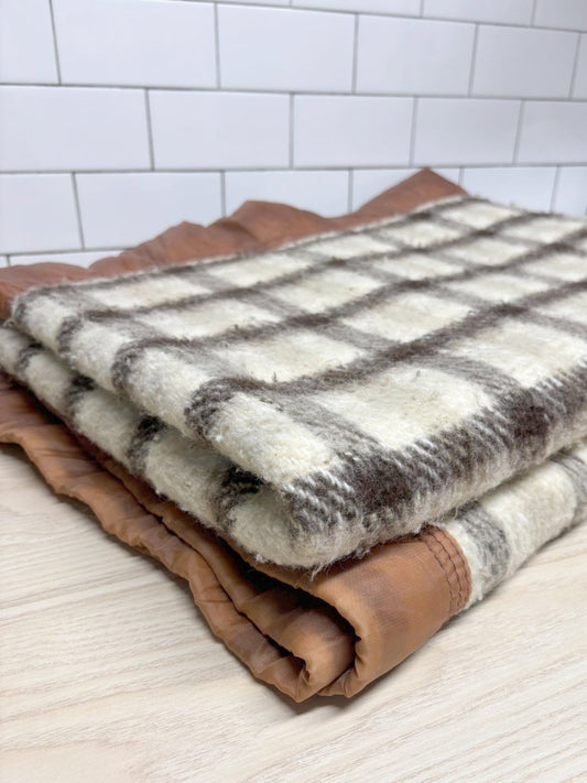 vintage plaid blanket with satin trim | made in brazil - good market thrift store