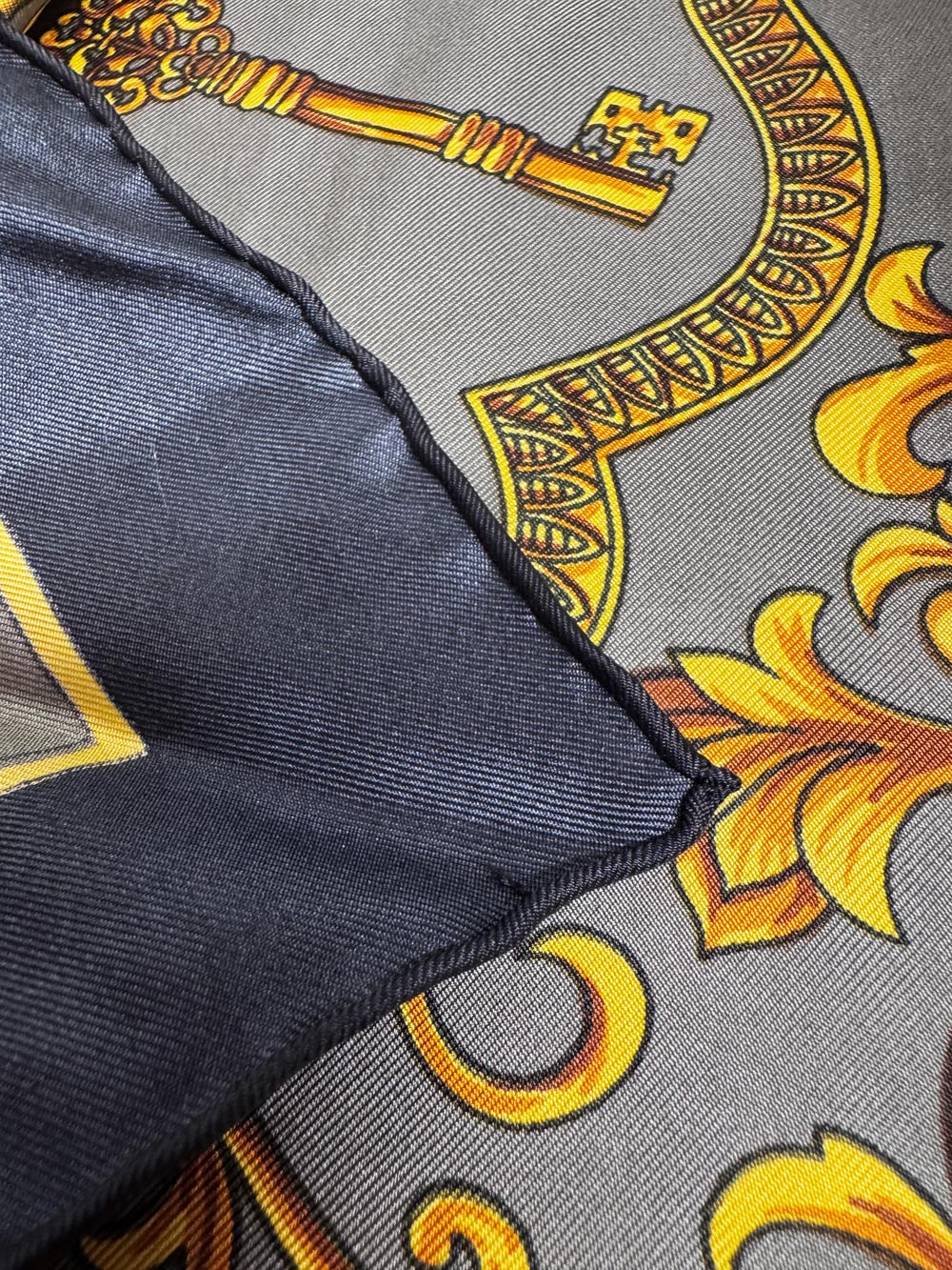 vintage 100% silk key scroll square scarf | rolled edge