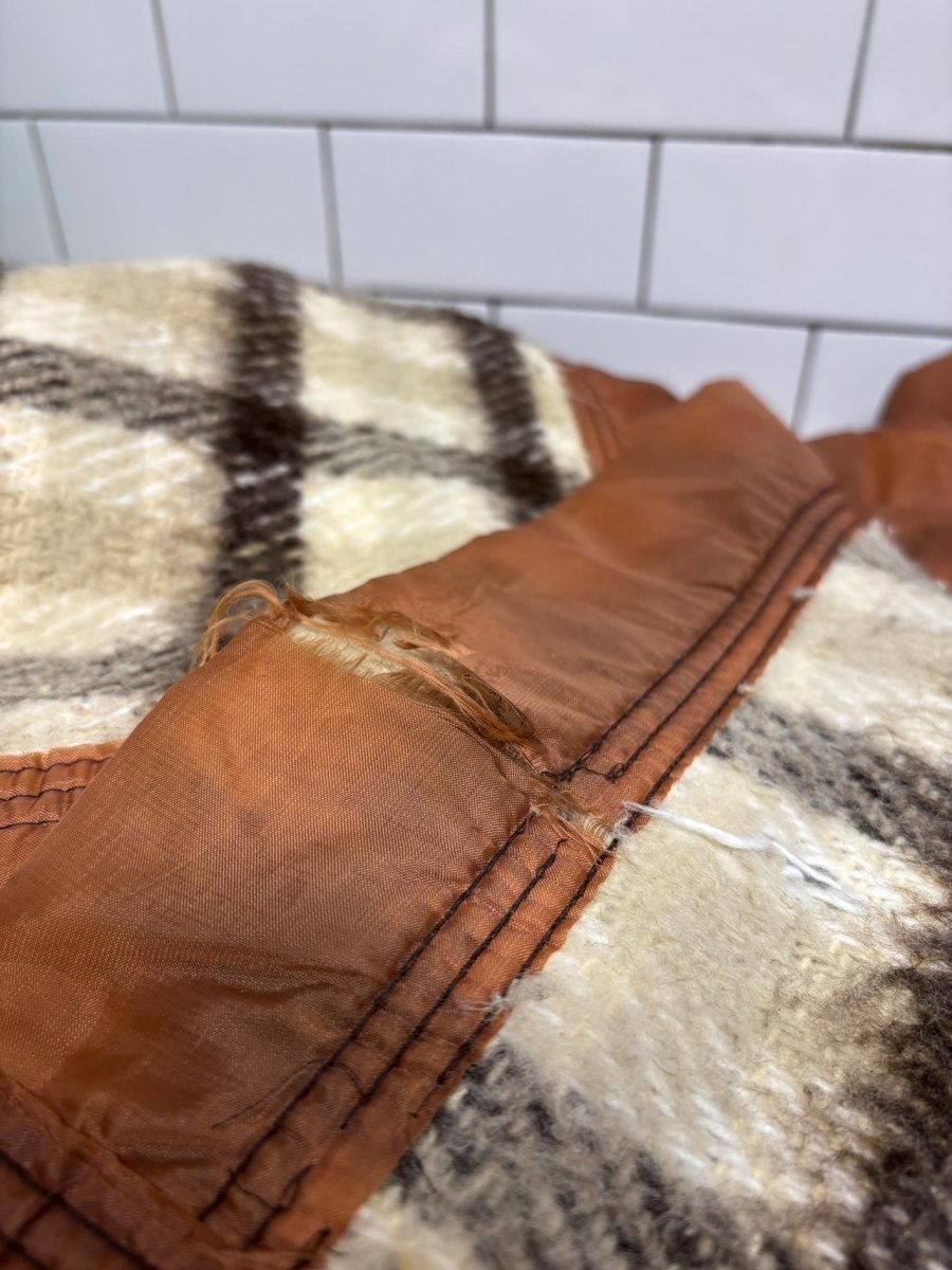 vintage plaid blanket with satin trim | made in brazil - good market thrift store