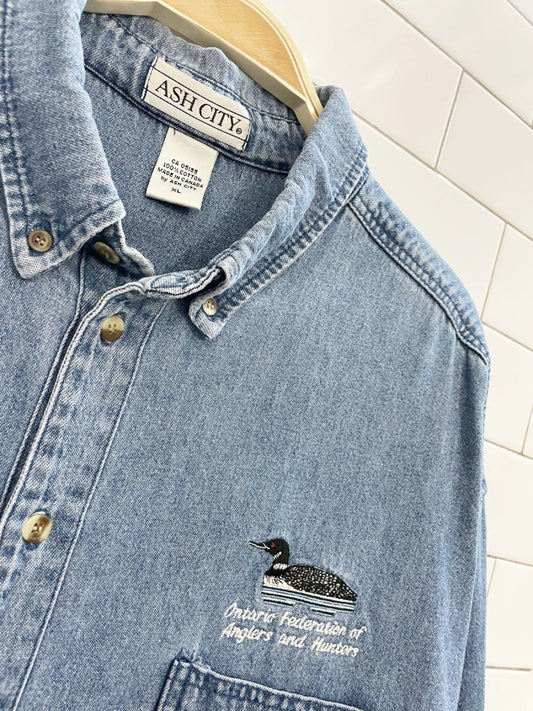 vintage ash city embroidered loon denim shirt | anglers and hunters - good market thrift store