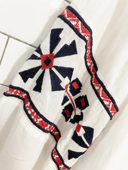 h&m linen - blend boho embroidered balloon sleeve folk blouse - good market thrift store