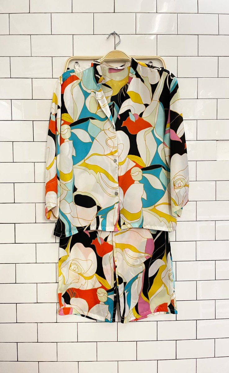 josie natori satin abstract floral wide leg sleep set - good market thrift store