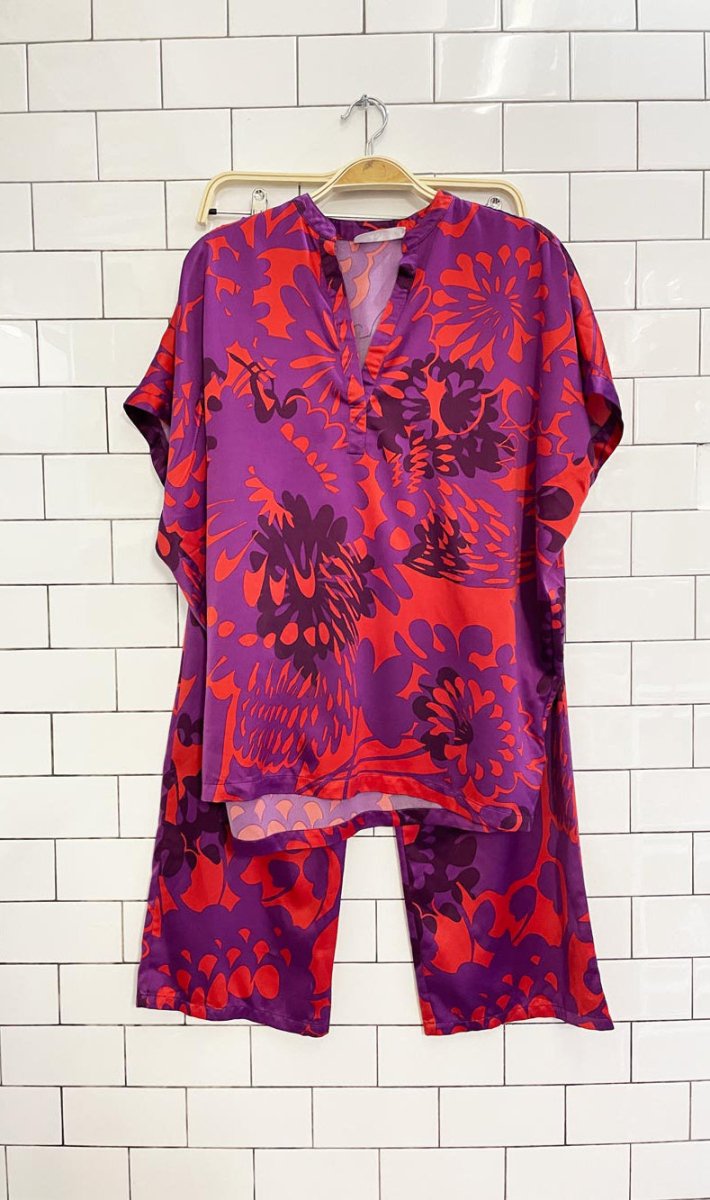 josie natori satin retro floral wide leg sleep set - good market thrift store