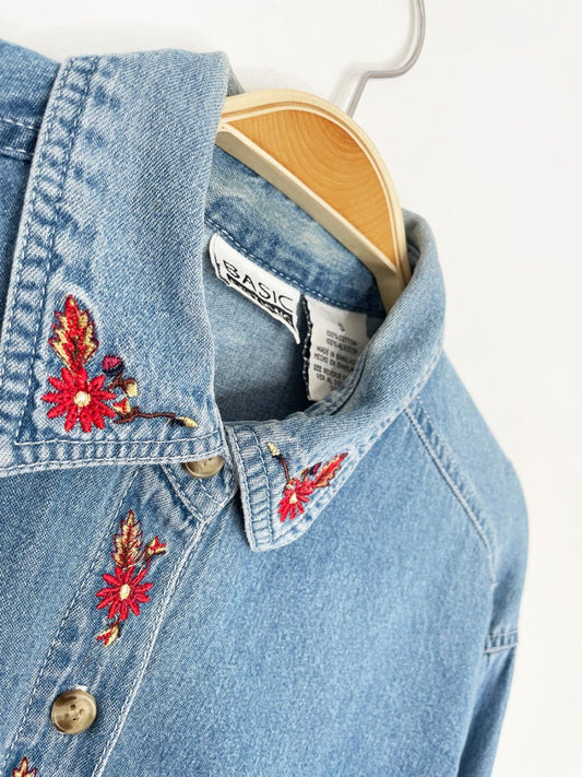 vintage 90s basic editions fall floral embroidered denim shirt - good market thrift store