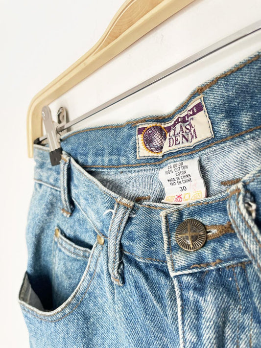 vintage 90s fine line pleated long denim shorts - good market thrift store