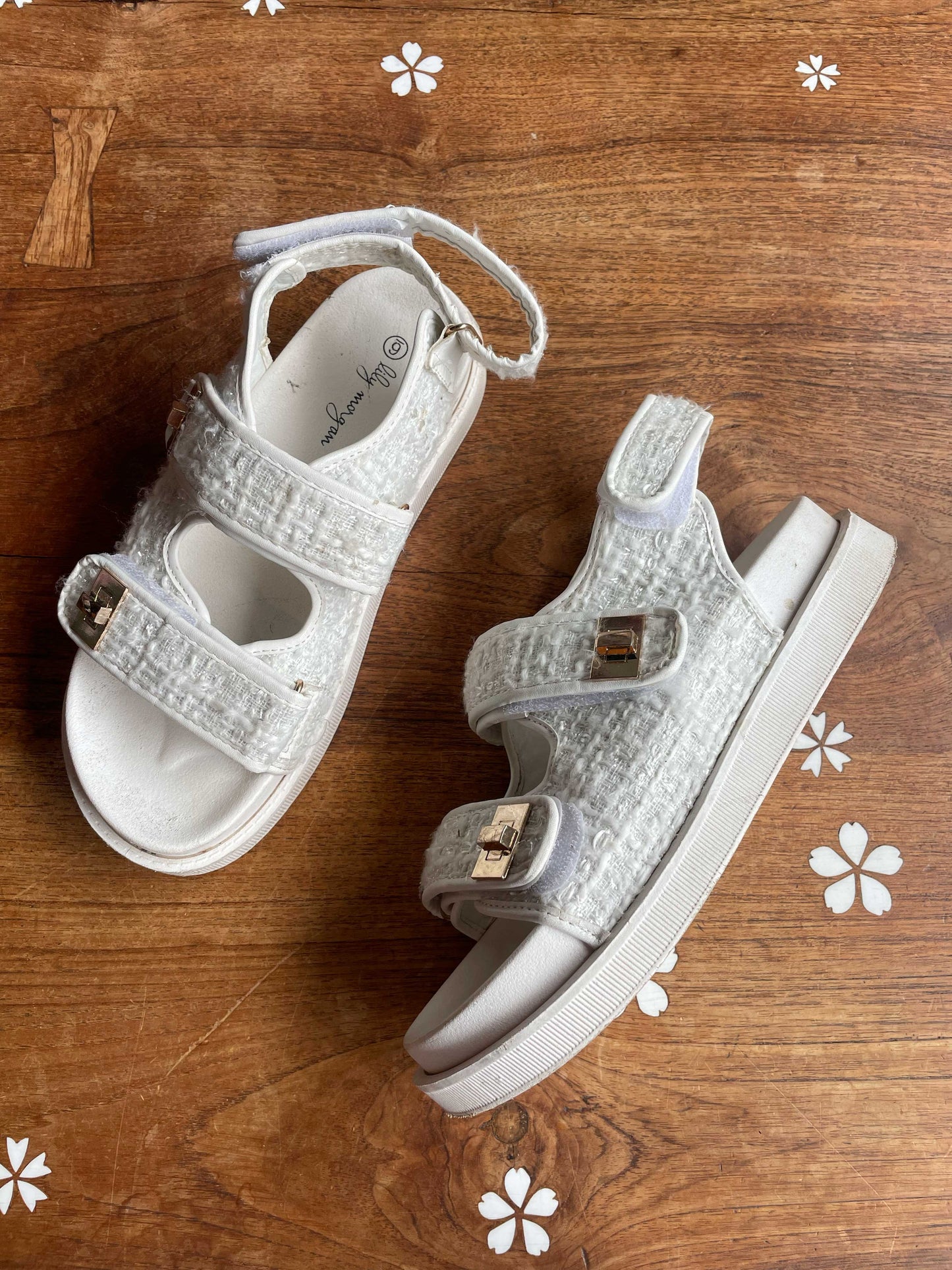 lily morgan tweed velcro strap sandals