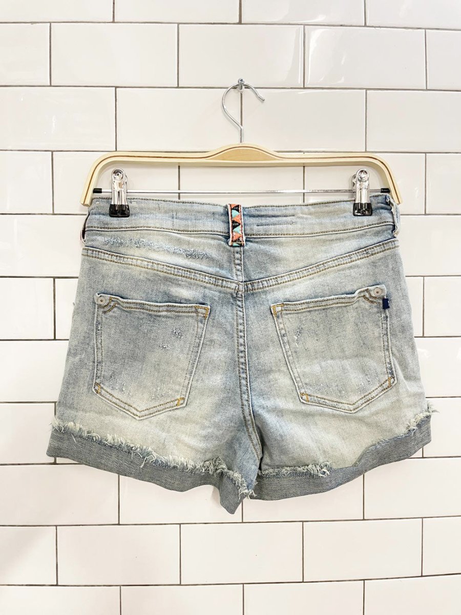 pilcro hyphen embroidered mid - rise denim shorts | anthropologie - good market thrift store