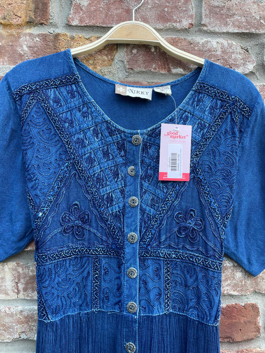 vintage nikky embroidered boho midi shirt dress