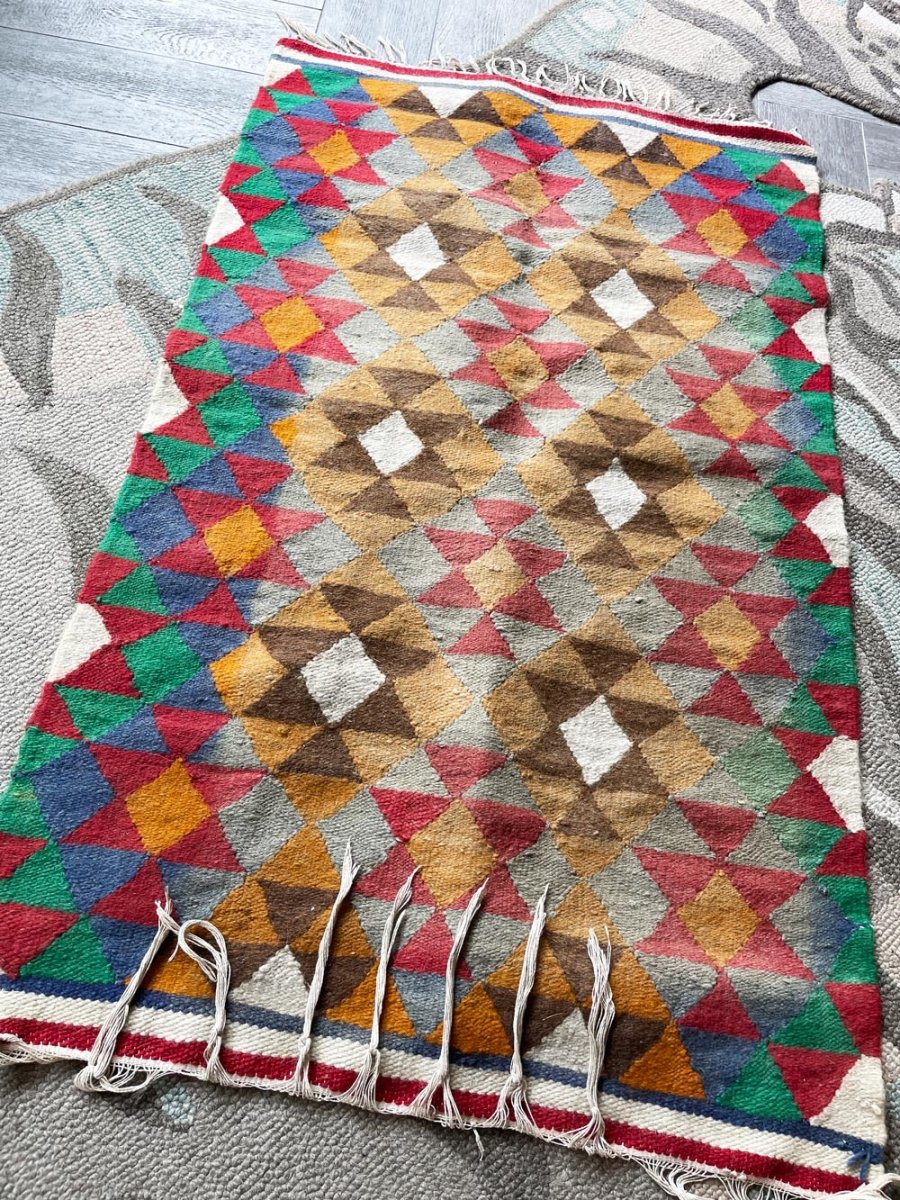 vintage turkish kilim geometric wool rug - good market thrift store