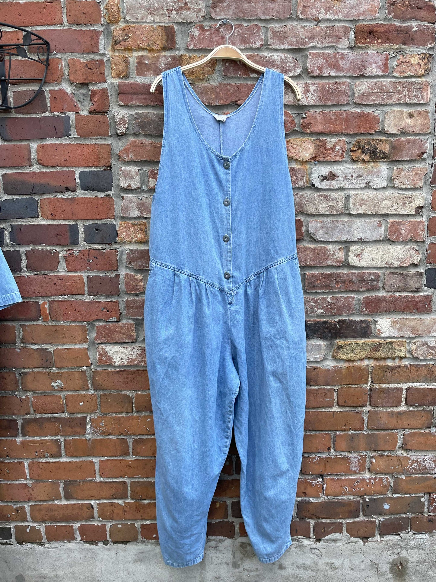 vintage denim button down pleated jumpsuit