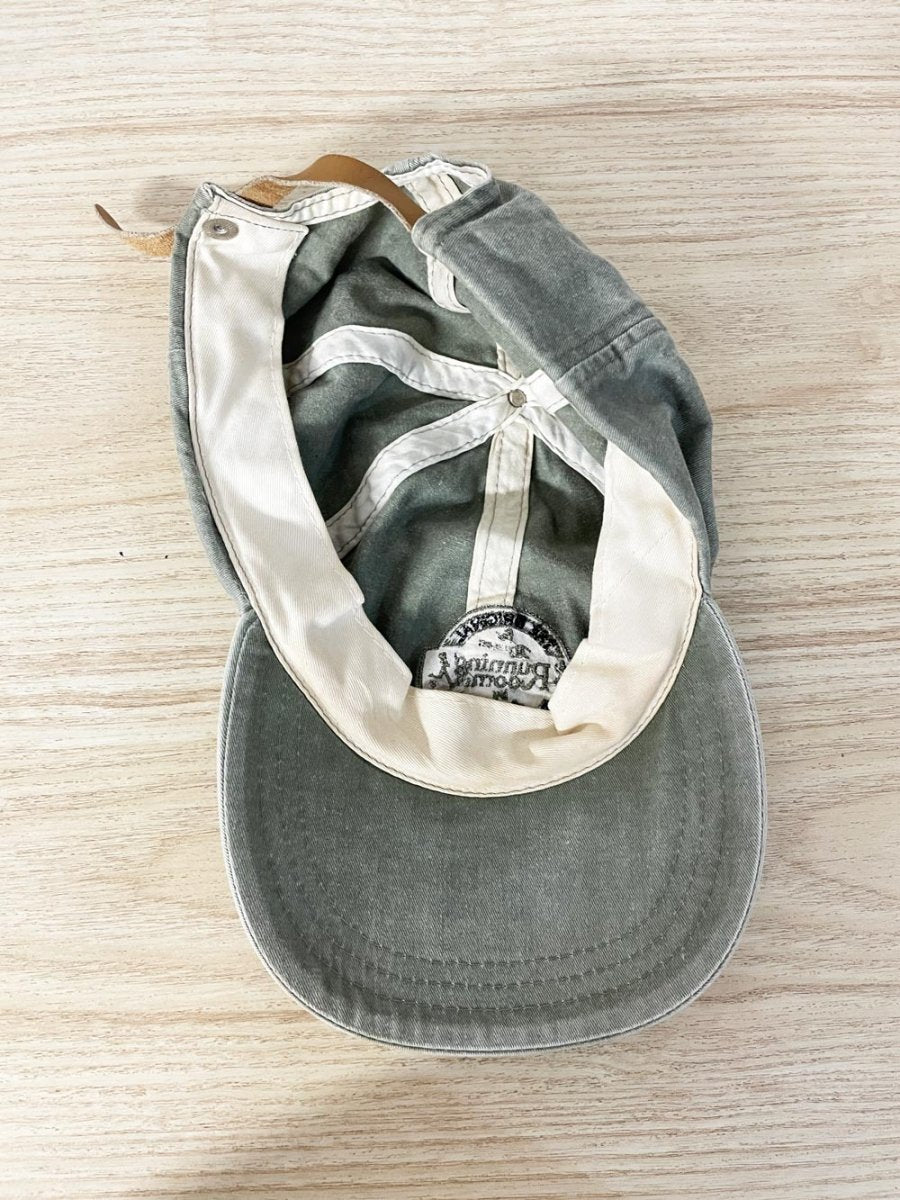 vintage 90s running room faded cotton hat w leather strap - good market thrift store