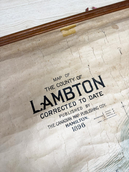 antique 1896 lambton county roll-up map | ontario, lake huron