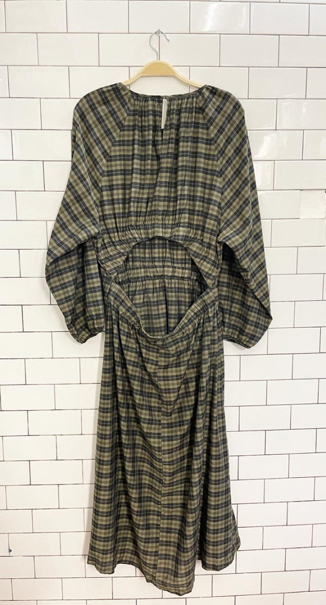 h&m open back plaid balloon sleeve midi dress - good market thrift store