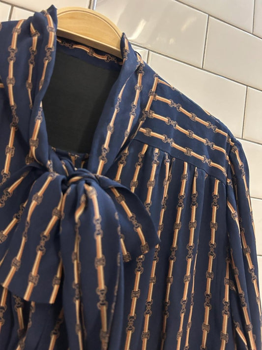 vintage harness print neck tie midi shirt dress - good market thrift store