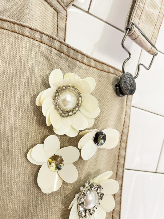 embellished flowers denim overall jumper - good market thrift store